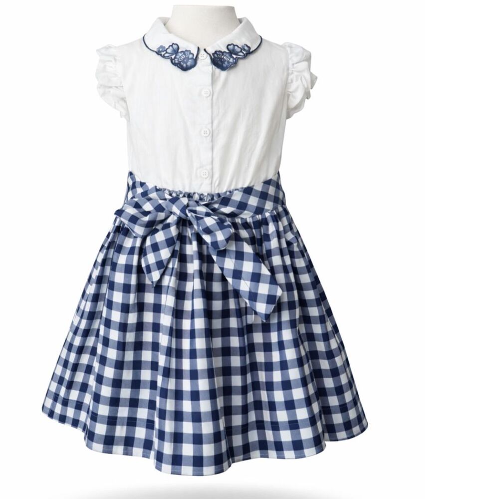 Vtg MAYORAL Blue Gingham Collared Embroidered Dress Toddler Girls SIZE 4 Spain